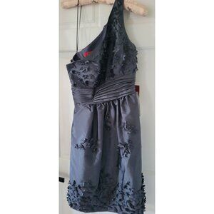 JS One-Shoulder Gray Cocktail Dress  Floral Appliques - Size 8